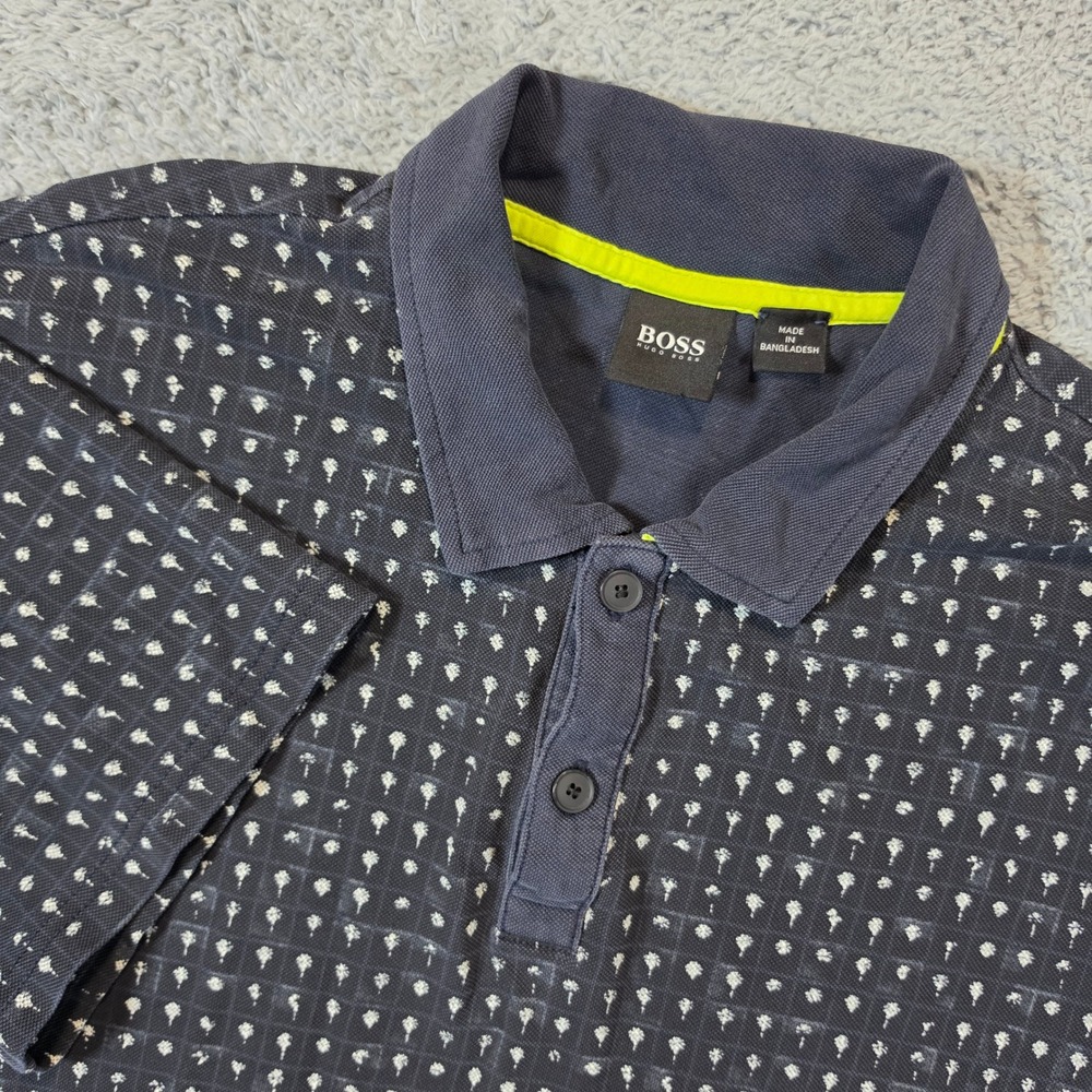 BOSS Hugo Boss Polo Shirt Mens M Navy Blue Palm Tree Print Cotton Short Sleeve